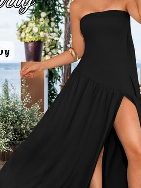 Chic Strapless Black Maxi Dress with High Side Slit